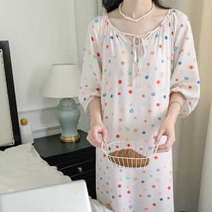 柠檬彩色薄款短袖棉绸连衣裙大码法式简约白色中长款裙子女睡裙夏