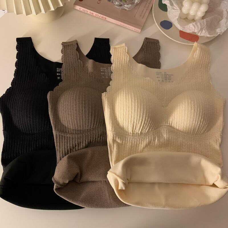 德绒保暖背心女带胸垫加厚防寒无痕内搭发热修身打底秋冬内衣