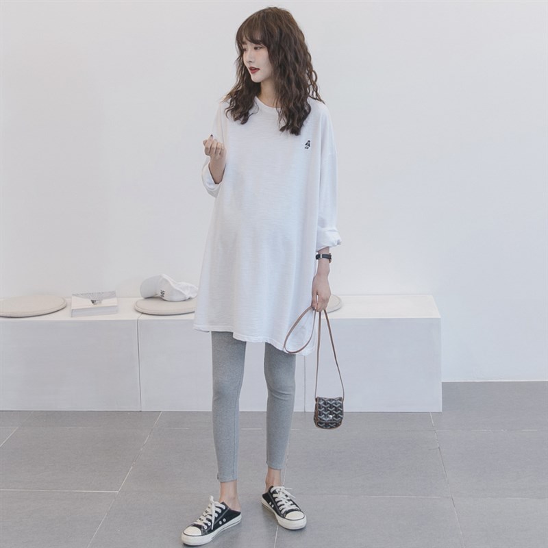 孕妇春装套装时尚款韩国打底衫潮妈休闲白色纯棉长袖孕妇T恤春装