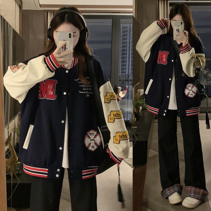 美式复古情侣棒球服外套男女春秋2025新款宽松大码休闲学生夹克潮