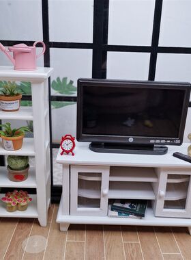 1:12娃娃屋微缩家具模型迷你木制客厅双开门电视柜电视机摆件道具