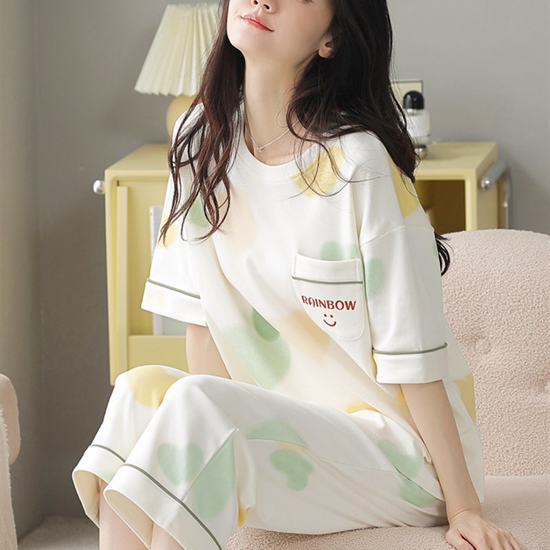 短袖纯棉睡衣女款2024新款夏季薄款上衣七分裤全棉休闲家居服套装