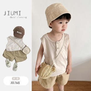 男宝宝夏季背心男童韩版无袖T恤2小童棉布短裤儿童森系西装套装潮