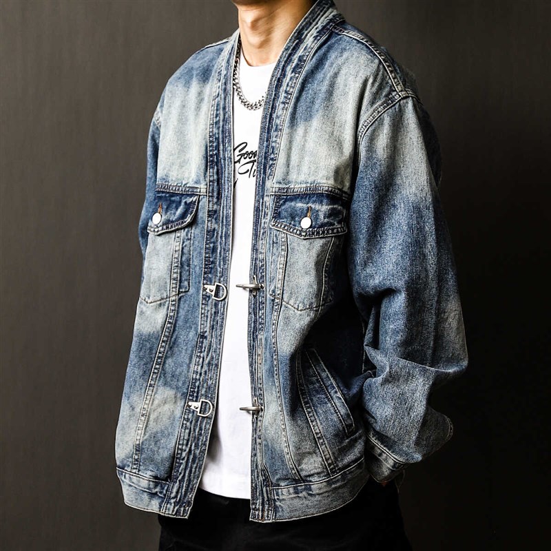 潮牌工装道袍牛仔衣夹克男街头青年2024日系宽松上V衣百搭休闲外