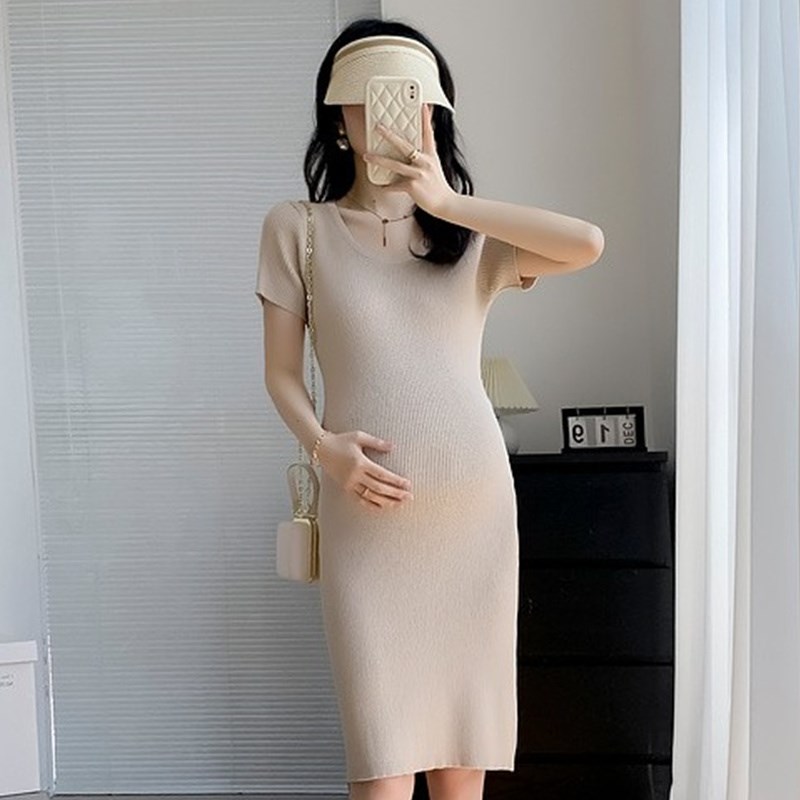 孕妇装夏装简约短袖针织连衣裙2025新款孕妇裙夏季弹力修身裙子夏图片