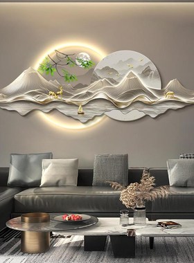 新中式客厅装饰画背有靠山ledz发光灯画沙发背景墙挂画高级感麋鹿