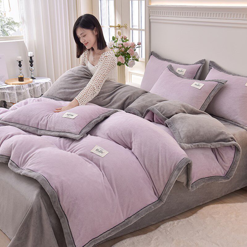 加厚双面绒牛奶绒四件套简约风法兰绒被套罩床笠单双人宿舍秋冬季