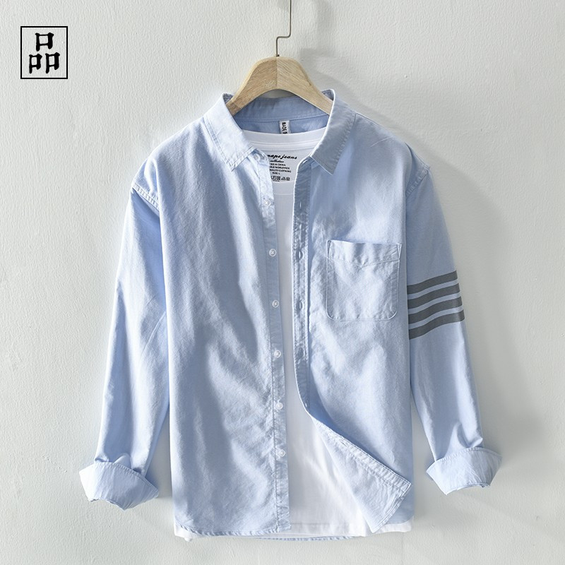 好看又好穿的衬衫!秋季复古v袖条纹拼色牛津纺纯棉休闲长袖衬衫男
