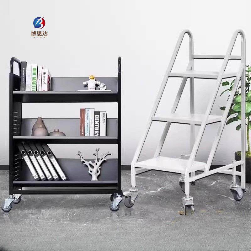 图书馆书车二层三层V型平板书车档案室移动静音轮三步书梯小推车