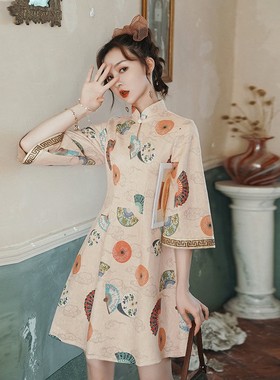 中国风短款七分袖年轻少女a字裙倒大袖旗袍改良版春秋日常连衣裙