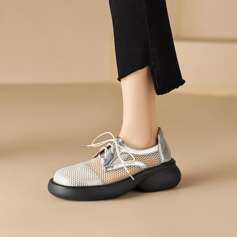 2025夏新款真k皮厚底圆头系带网面小皮鞋女镂空透气坡跟松糕底单