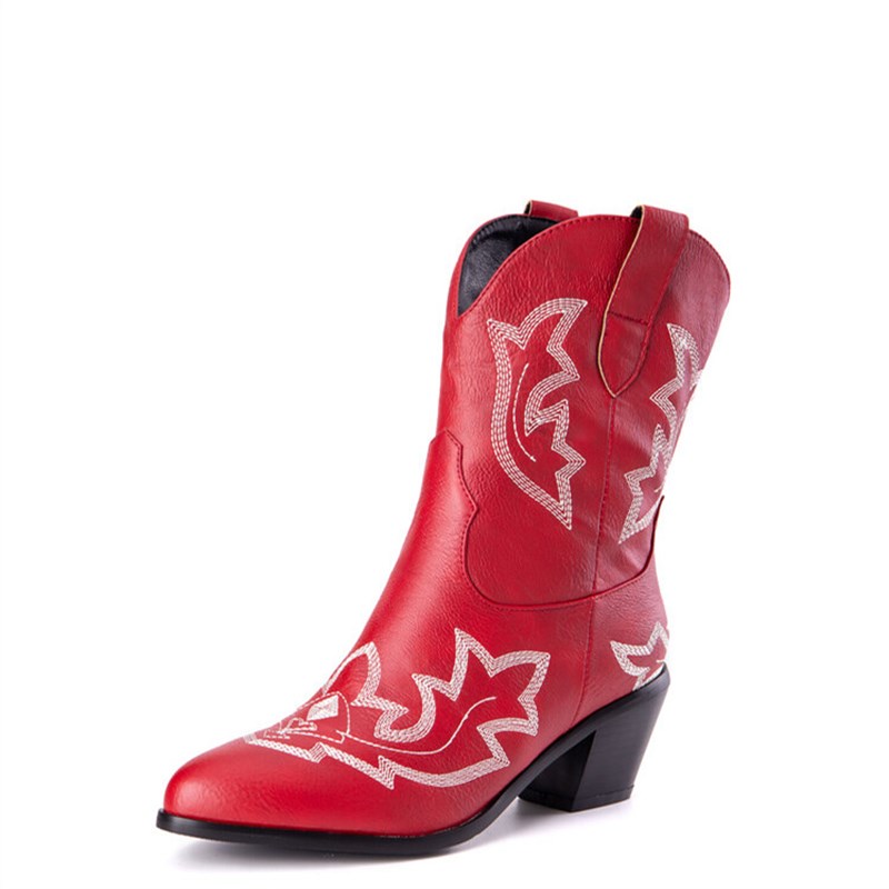 红色女靴子民族f风刺绣粗跟靴子军绿色中跟短靴大码48 49 50 51 5