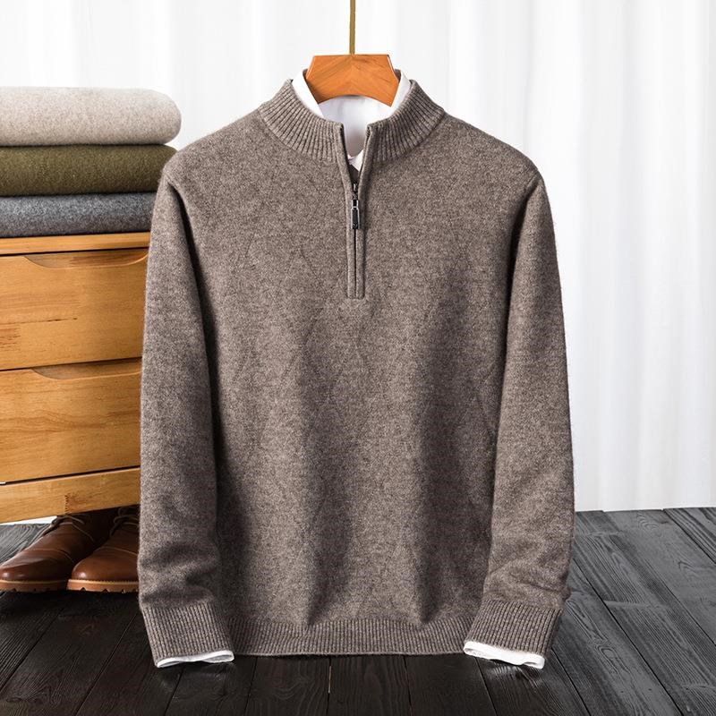 冬装羊毛c衫男士半高拉链领加厚保暖山羊绒针织衫休闲中年毛衣男