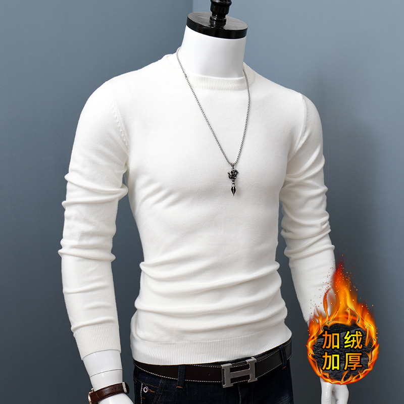 男士圆领套头羊绒毛衣修身纯色冬季E加绒加厚保暖打底针织衫外穿