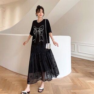 女士夏季仙气时尚连衣裙2025新款高端胖mm大码黑色长裙夏天裙子潮
