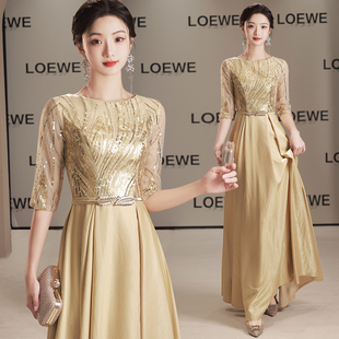 大合唱团演出服女金色朗诵主持人长裙宴会气质礼仪晚礼服指挥服装