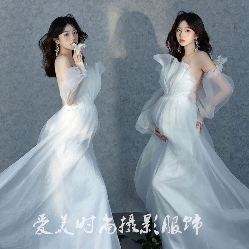 展会新款b影楼孕妇拍照服装韩系少女超仙白色高级感纱裙写真摄影