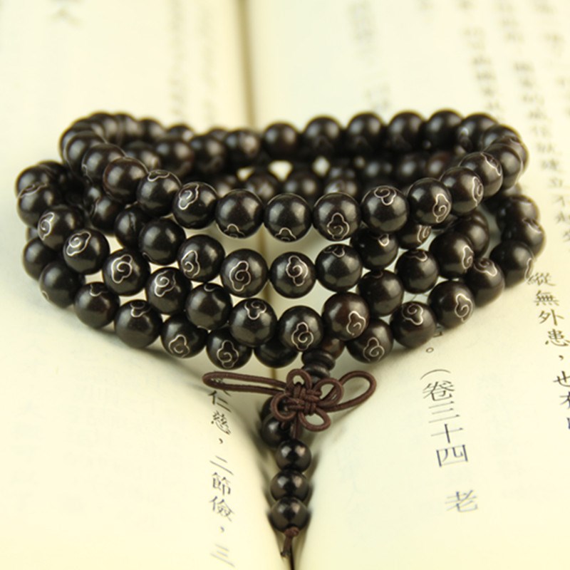 黑檀镶嵌银丝108颗佛珠手链 黑檀祥云手串 项链玉线绳DIY配件