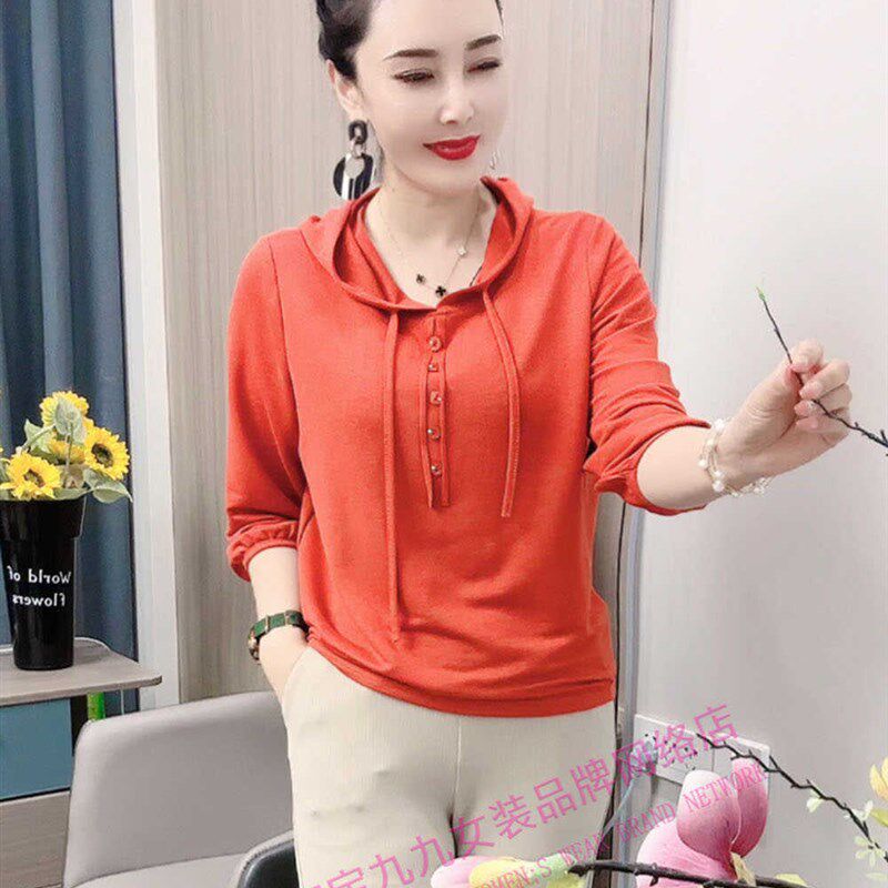 五粒扣纯色七分袖抽绳帽衫女春季卫衣/绒衫