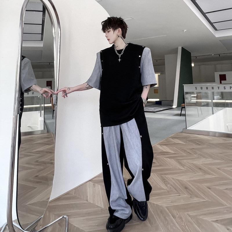 夏季小众拼色铆钉装饰垫肩短袖T恤男套装设计感阔腿长裤两件套潮,男装,时尚套装,淘宝优惠券,粉丝福利购,淘宝优惠卷