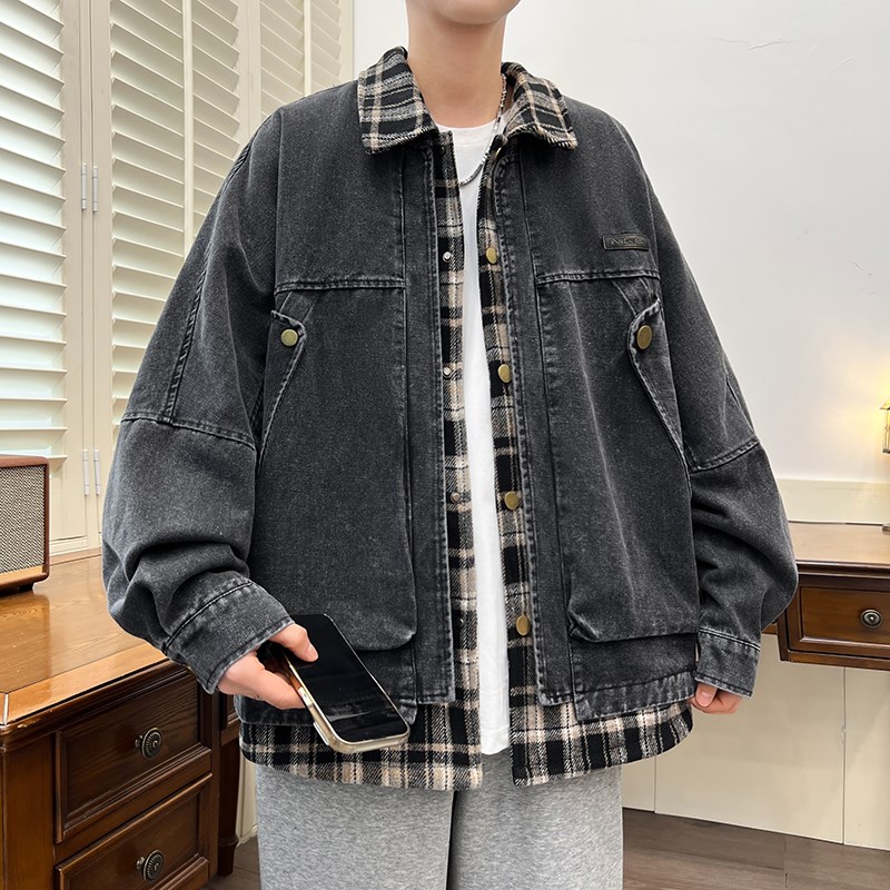 假两件牛仔外套男春秋季新款青少年大学生潮牌帅气夹克男装士上衣