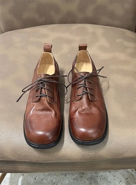 方头小皮鞋系带黑色牛津w鞋马皮水洗复古单鞋女22970