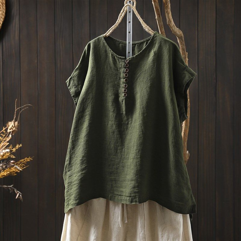纯亚麻绿色背心女2025新款夏外穿宽松高级感大尺码休闲 圆领,女装/女士精品,T恤,淘宝优惠券,粉丝福利购,淘宝优惠卷