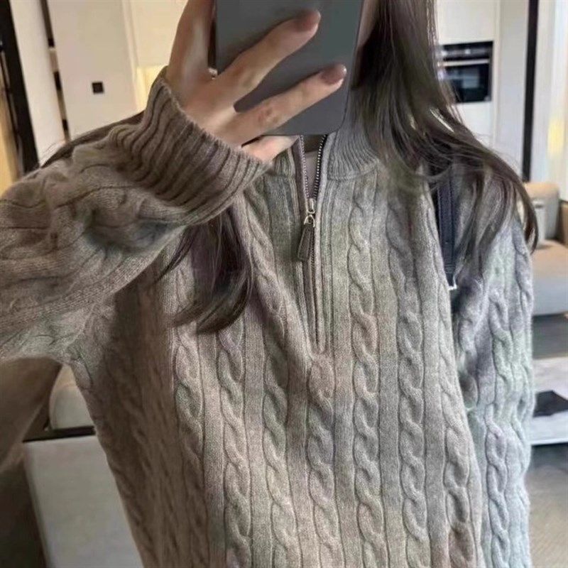半拉炼立领麻花山羊绒针织衫女欧货高端高级感半高领软糯打底毛衣,女装/女士精品,羊绒衫,淘宝优惠券,粉丝福利购,淘宝优惠卷