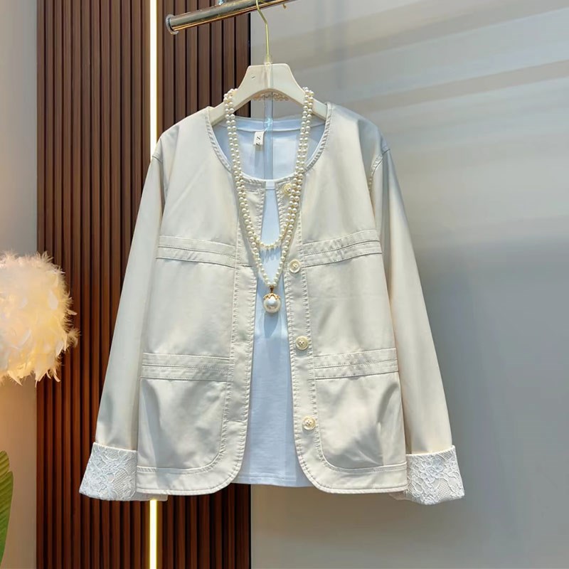 大码女装圆领蕾丝挽袖开衫外套胖妹妹开衫百搭春秋款洋气欧货上衣