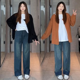 孕妇裤秋冬春装拼接裤脚时尚宽松显瘦阔腿裤无托腹不勒肚子牛仔裤