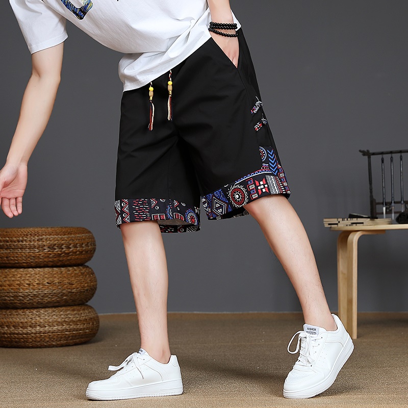 国风新中式短裤男夏季薄款冰丝速干宽松中裤潮流拼接休闲五分裤子