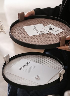 北欧皮革托盘复古收纳盘样板间z客厅茶几餐厅轻奢木质置物圆盘摆