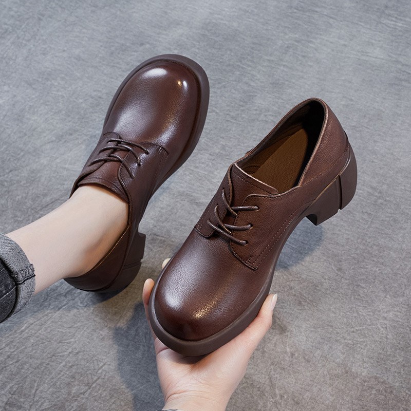 2024春秋季新款真皮厚底小皮鞋英伦风棕色系带单鞋增高松糕女鞋子