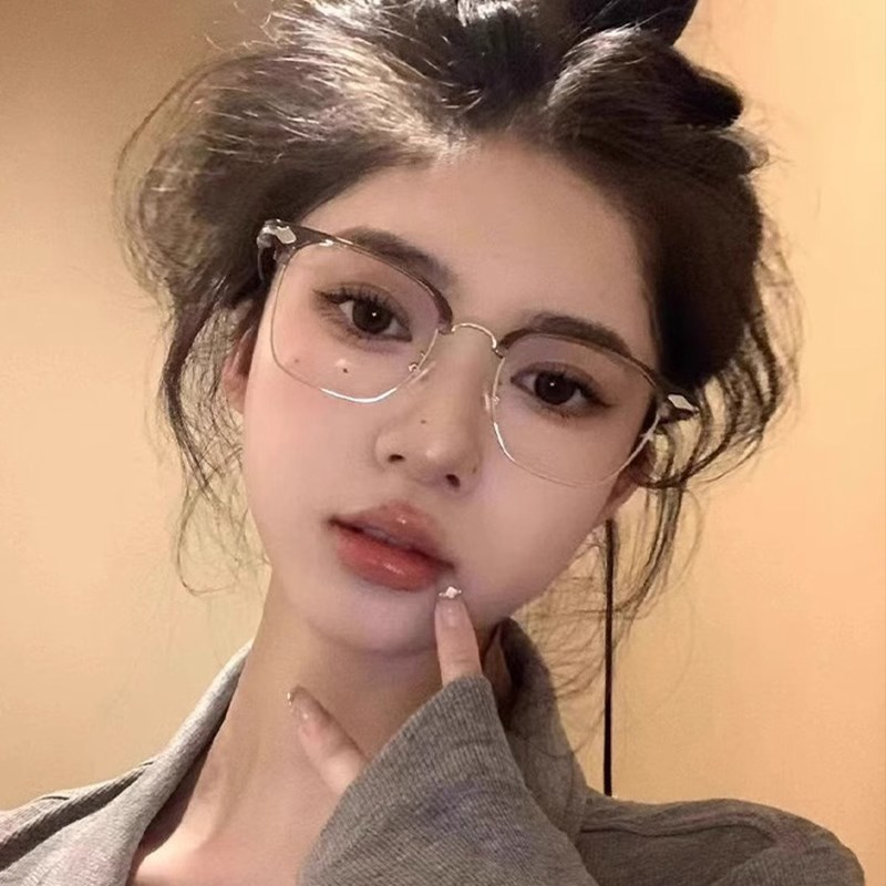 显白斯文冷茶色半框n近视眼镜女可配度数大脸级感素颜眼睛框架男