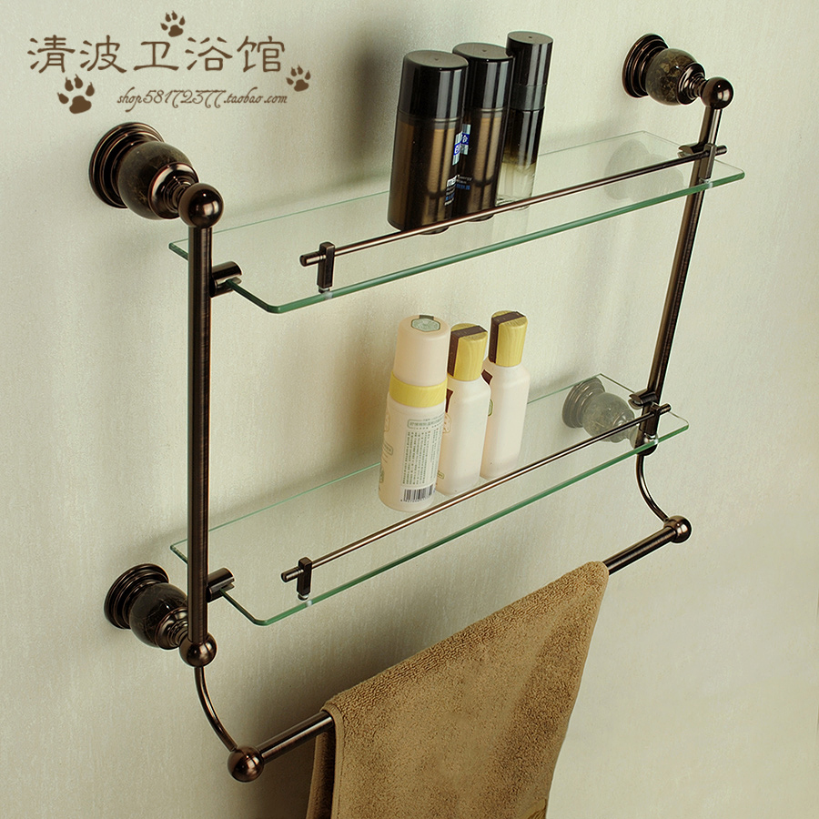新上市!极夜系列美式双层玻璃棕古铜色全铜化妆台欧式浴室置物架