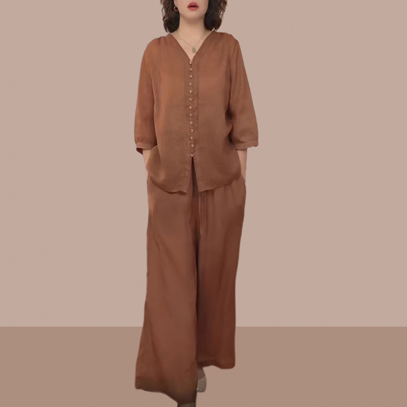 中年妈妈棉麻套装女夏装2024年新款气质复古亚麻休闲阔腿裤两件套