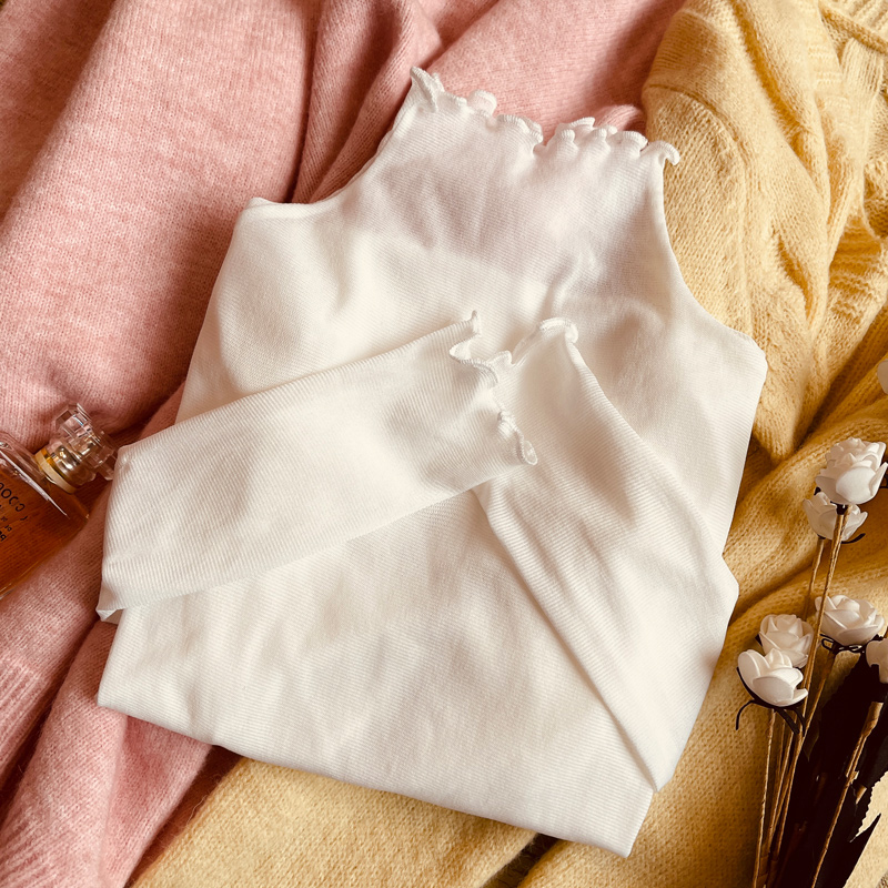 白色高领蕾丝打底衫女秋冬新款洋气毛衣内搭纱衣木耳边网纱上衣潮