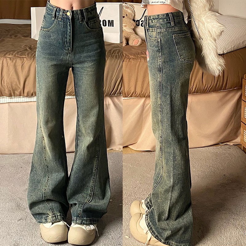 300斤胖mm大码女装美式复古设计感牛仔裤女高腰显瘦铆钉喇叭长裤