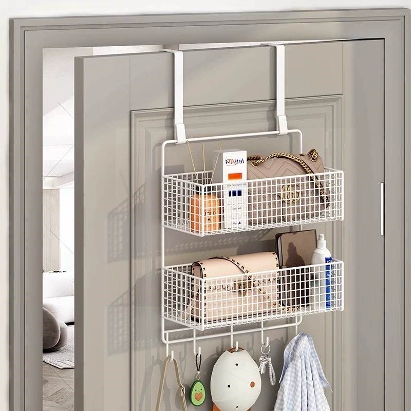 门后置物架侧面挂衣钩帽子包包收纳挂篮免打孔多层储物架门后架子