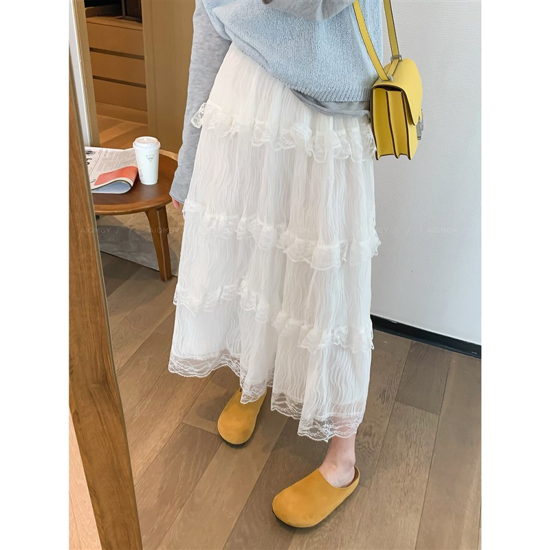 爱情魔鬼鱼 白色蕾丝拼接半身裙女2025春季新款显瘦A字长裙蛋糕裙