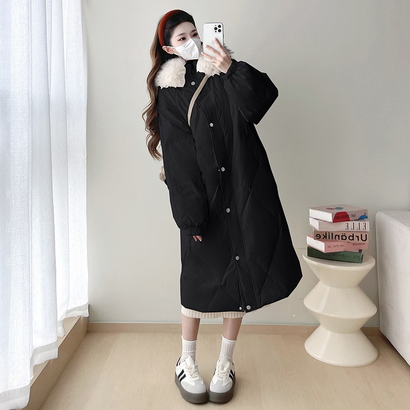 孕妇装秋冬装新款中长款大毛领宽松羽绒棉服纯色毛衣连衣裙两件套