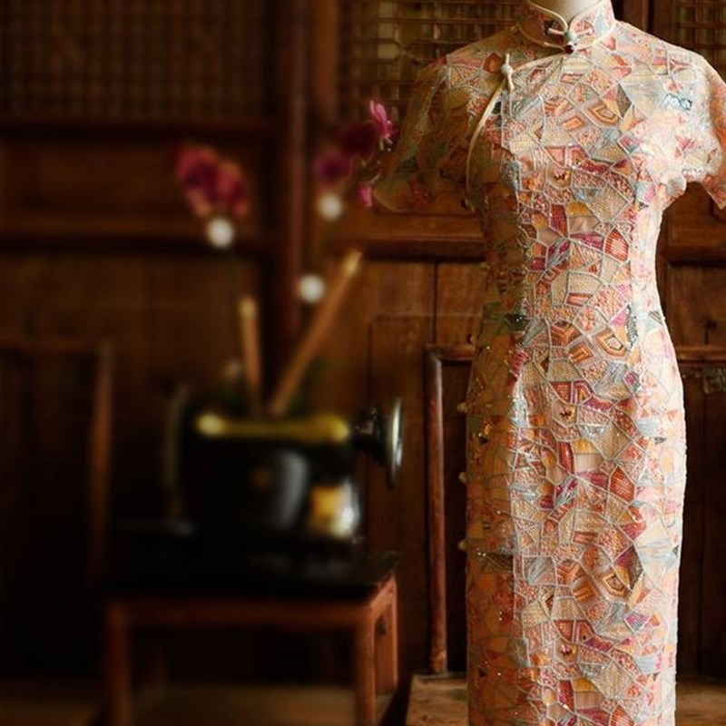 重工色织几何图形菱形立体亮片绣花软半身裙网纱布料服装旗袍面料