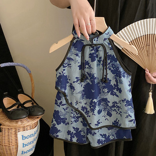 夏季新款童装女童碎花旗袍套装女宝复古中L国风汉服背心短裤两件