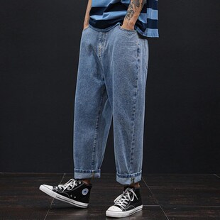 大脚牛仔9分裤 春秋季 胖子老爹裤 男宽松加肥加大码 潮流 阔腿九分裤