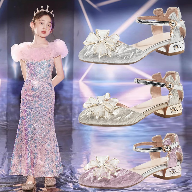 公主鞋女童水晶鞋女儿童高跟鞋2024春H夏新款钢琴演出鞋配礼服鞋