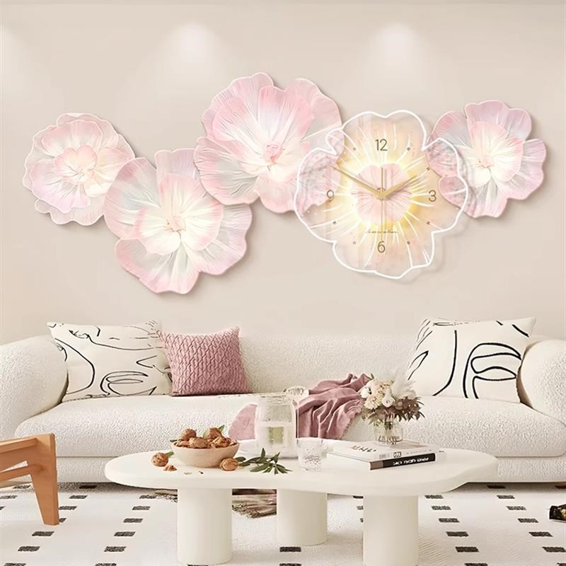 奶油牡丹花客厅沙发背景墙装饰画高级感钟表挂钟餐厅壁画艺术挂画