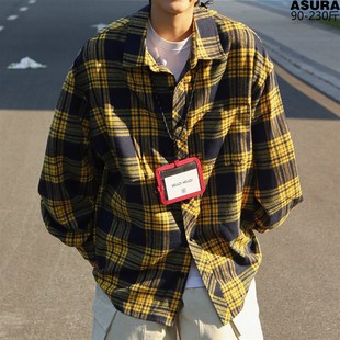 潮流胖子宽松简约百搭日系复古春季 男加肥加大码 寸衣 衬衫 格纹长袖