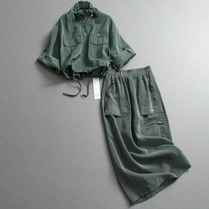 纯色薄款对称口袋立领防晒外套可配一整套半身裙女时尚套装Z390