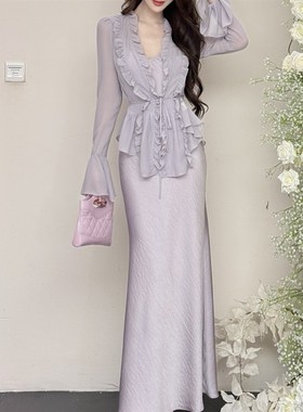 小诺本人木耳边雪纺短上衣春夏深v吊带连衣裙修身长裙套装25472