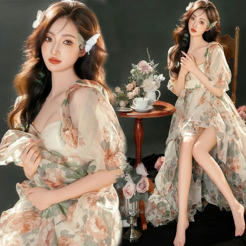 影楼新款公主风连衣裙仙气超仙z森系碎花裙生日小礼裙拖地蓬蓬长